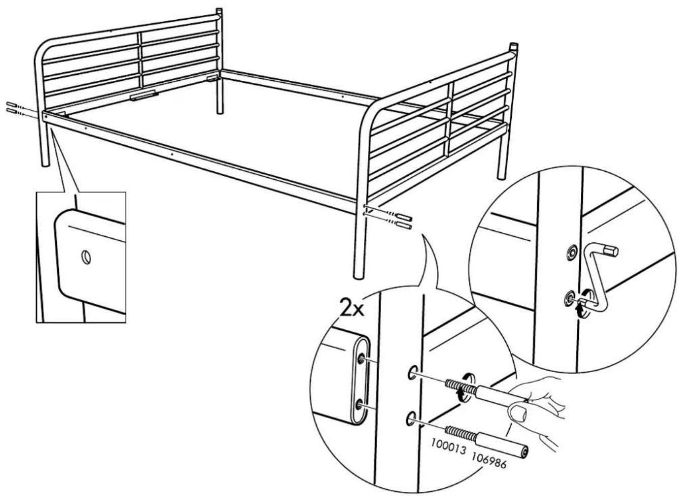 Technical diagram of a bed with labeled parts and close-up insets showing tool path and component details