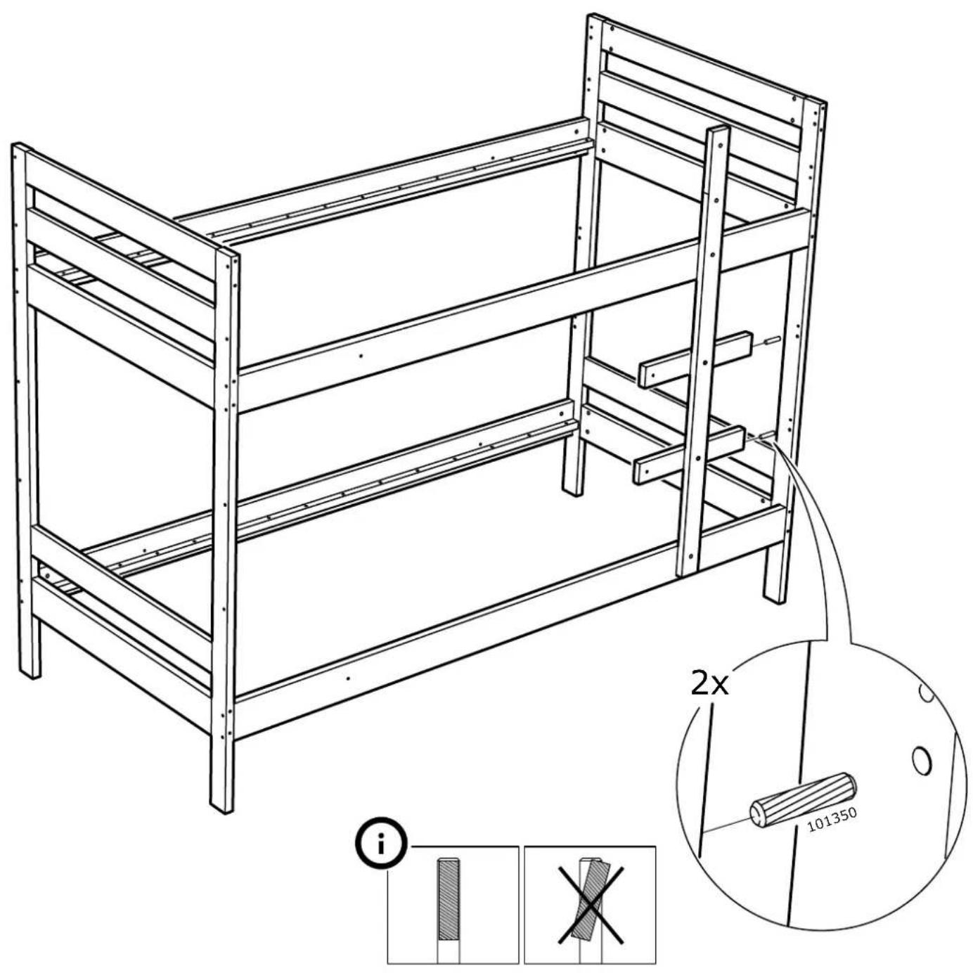 Technical line drawing of a two-level wooden bunk bed with cross-sectional view and dimension annotations