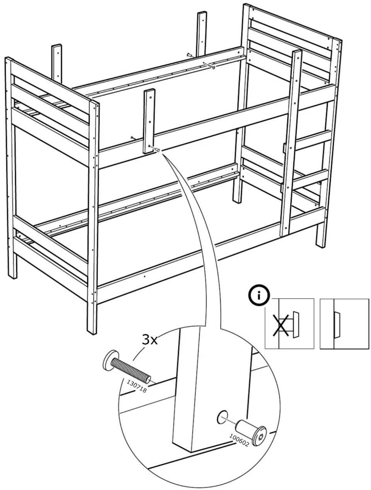 Technical diagram of a bunk bed assembly with labeled components and dimensions, including a 3x bolt and 100602 weight.