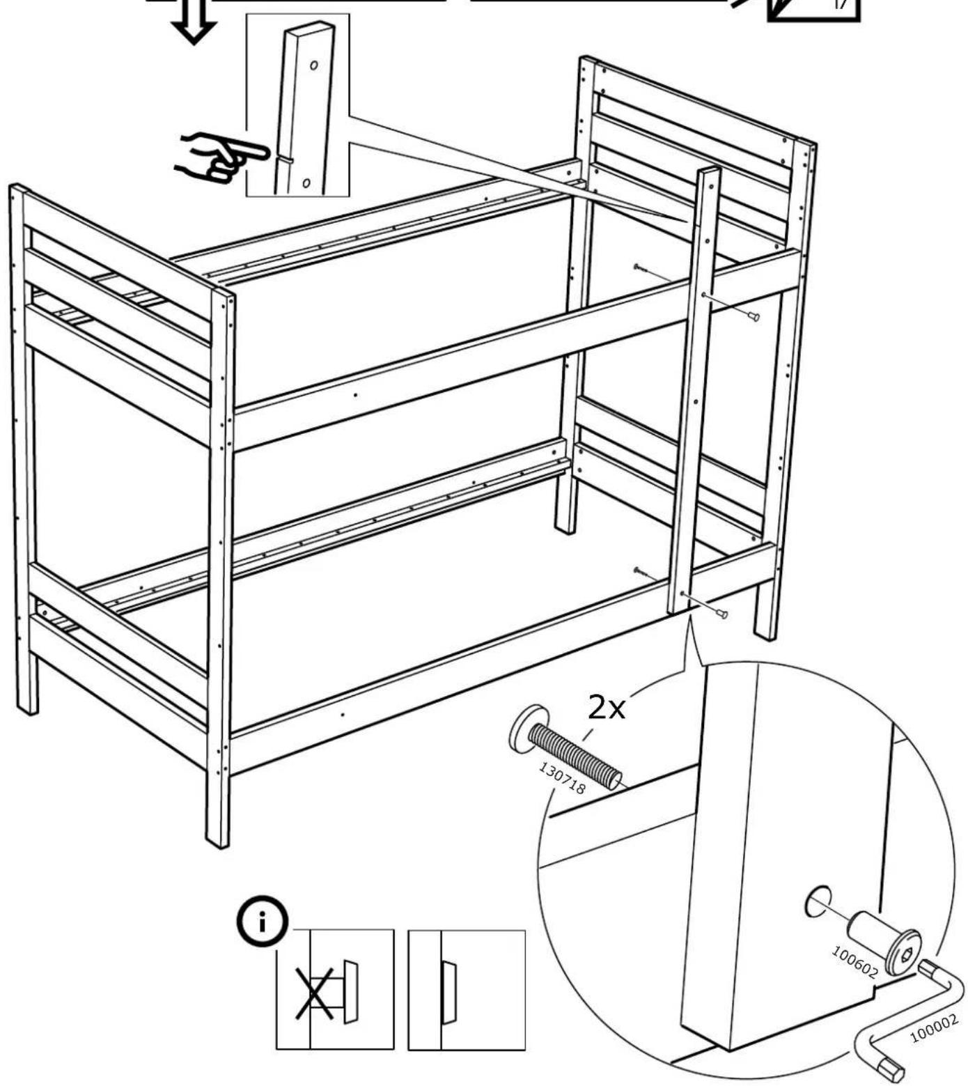 Technical diagram of a metal bunk bed assembly with labeled components and dimensions