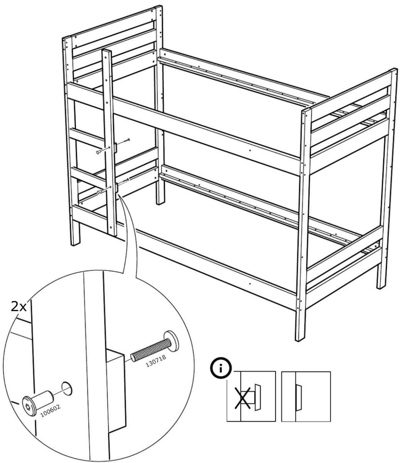 Technical diagram of a two-story wooden bunk bed with labeled components and cross-sectional view