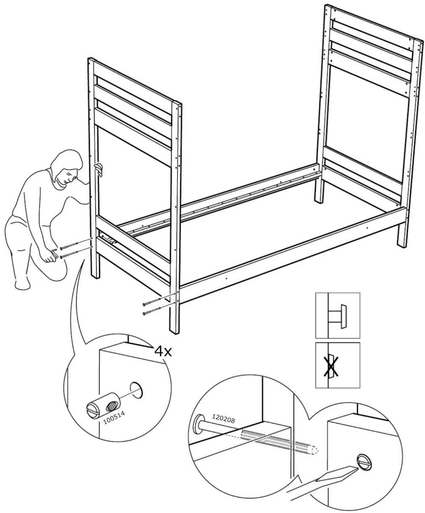 Technical diagram illustrating a person assembling a single bass with labeled dimensions and component details.