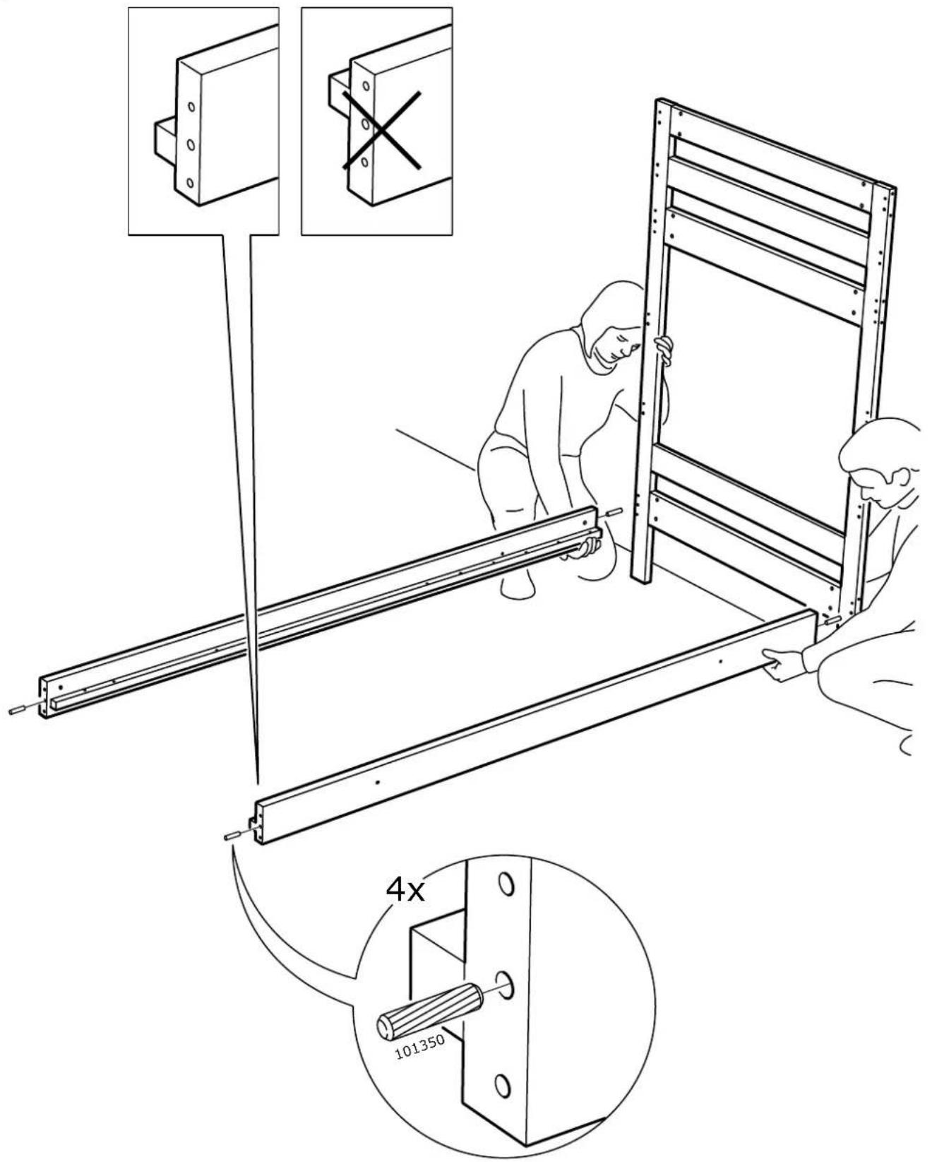Technical diagram showing a worker installing a metal frame with an inset close-up of a bracket and a 4x ratio label.