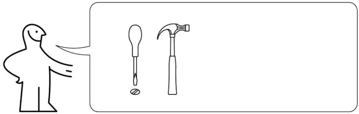 Illustration showing a bird figure pointing to two tools: a hammer and a screwdriver, with no text or symbols present.