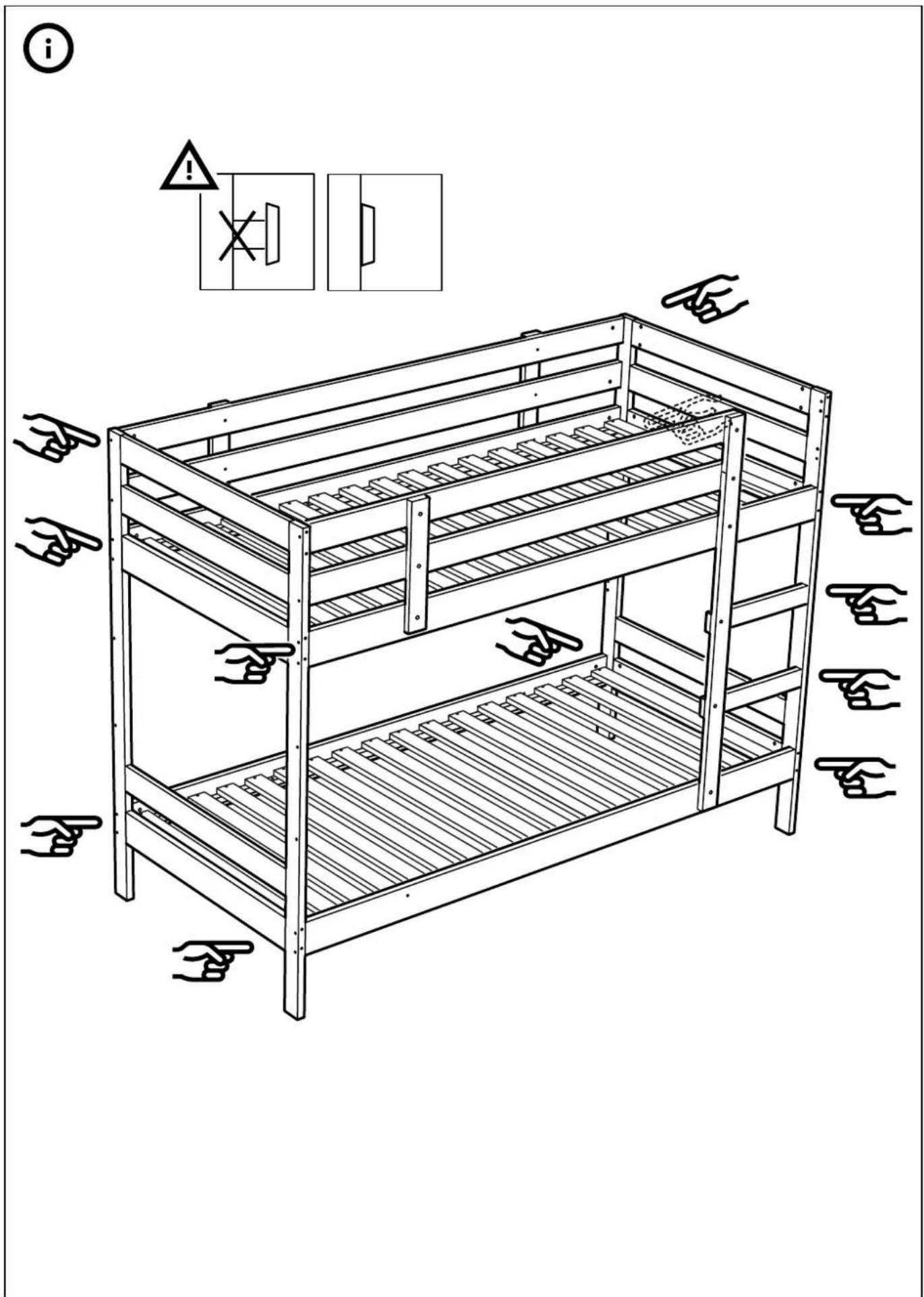 Technical diagram of a wooden bunk bed with safety warning symbols and labeled components