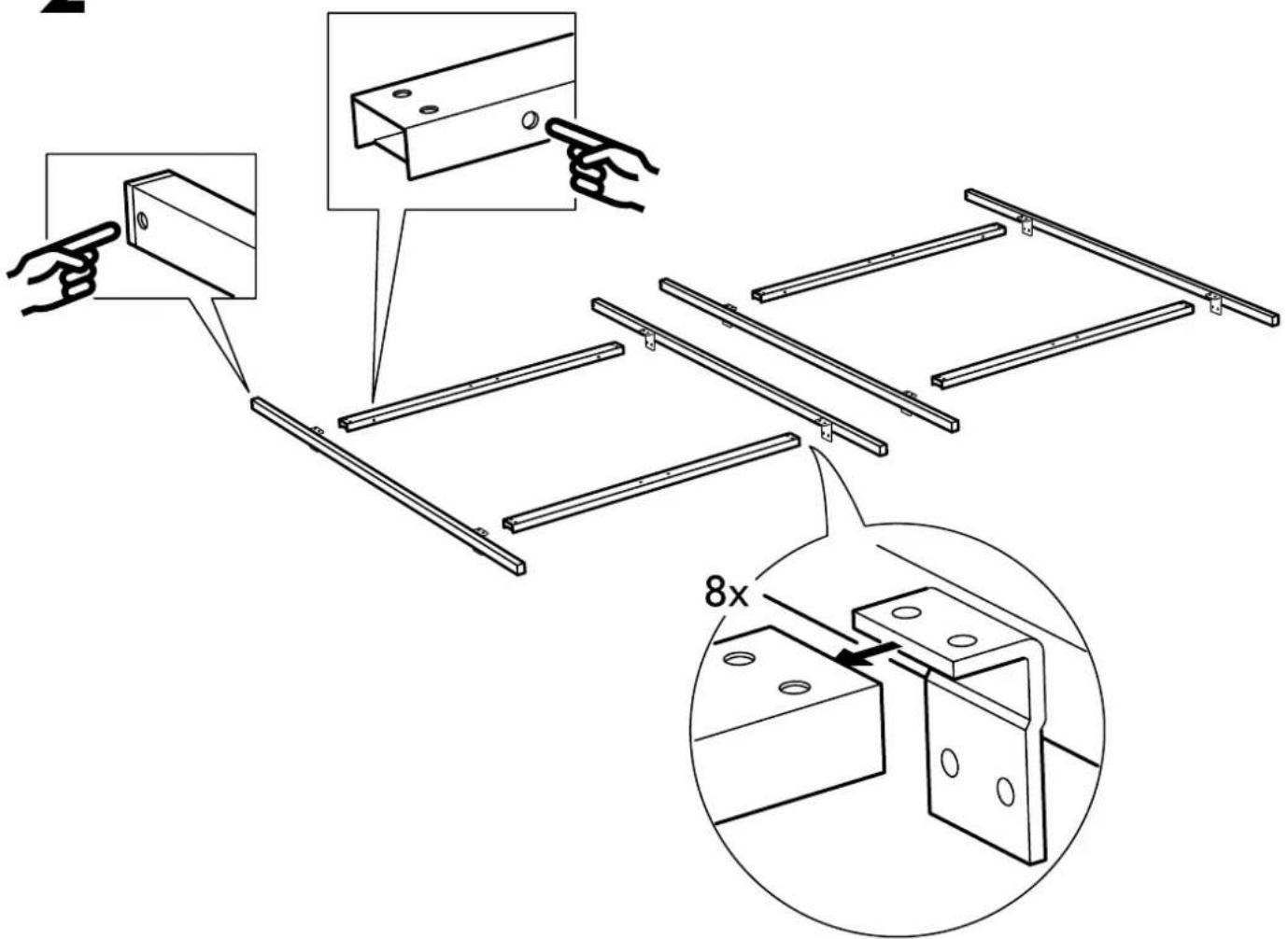 Technical diagram illustrating assembly steps of a metal bracket with 8x magnified detail view