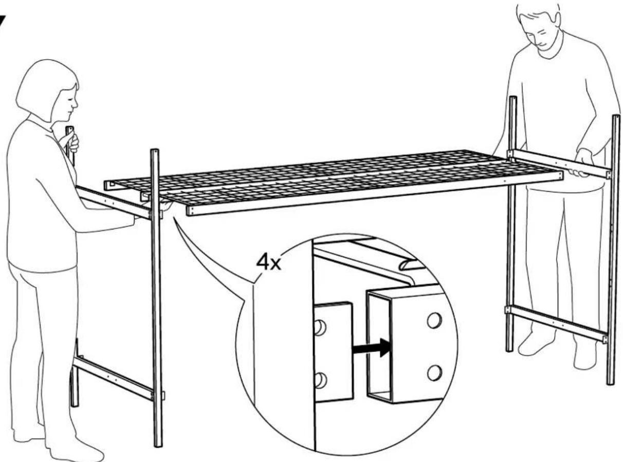 Technical diagram showing two workers assembling a metal rack with a magnified inset highlighting a 4x ratio of length between them.