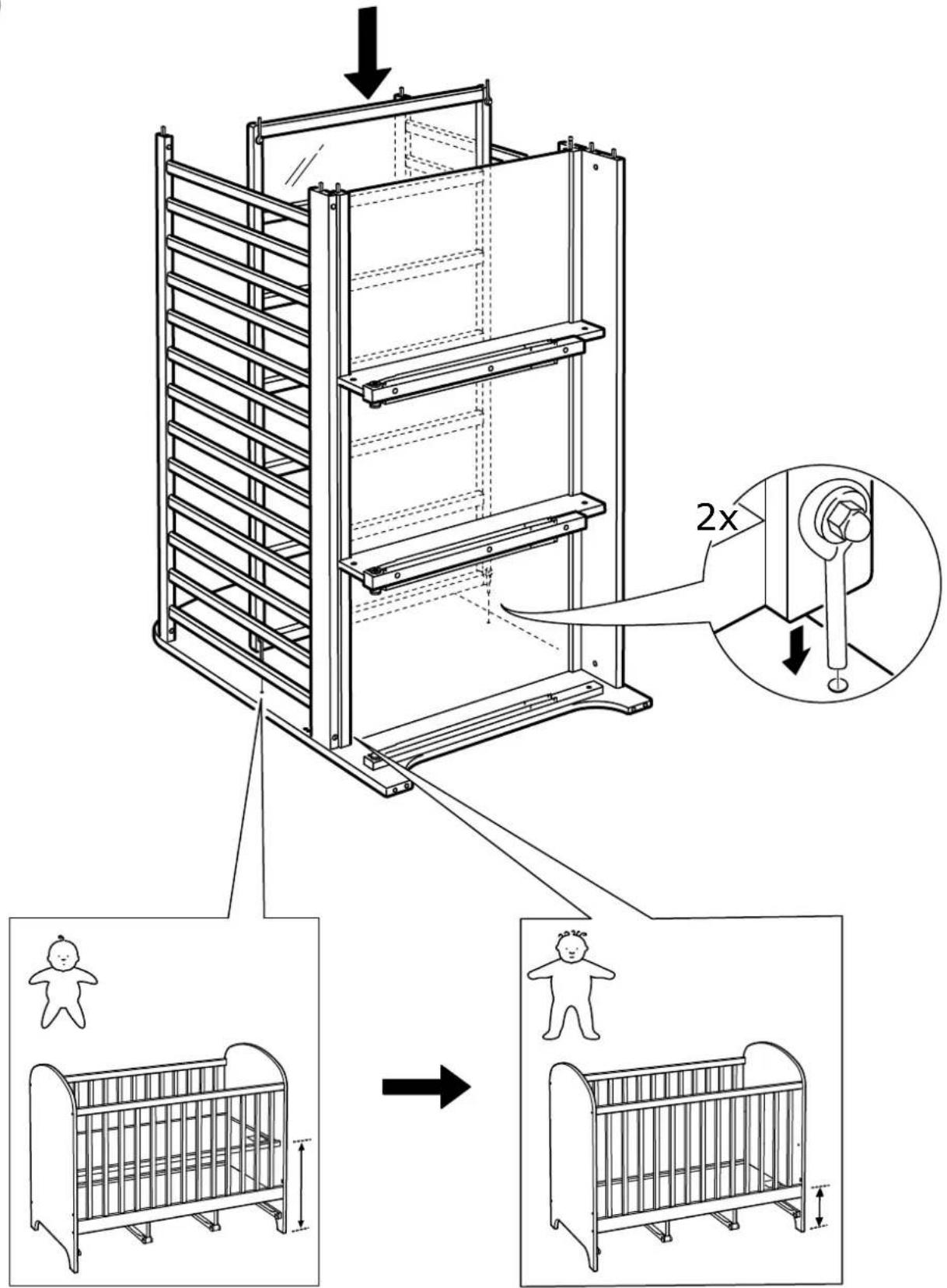 Technical diagram illustrating the assembly of a baby crib with labeled components and dimensional changes.