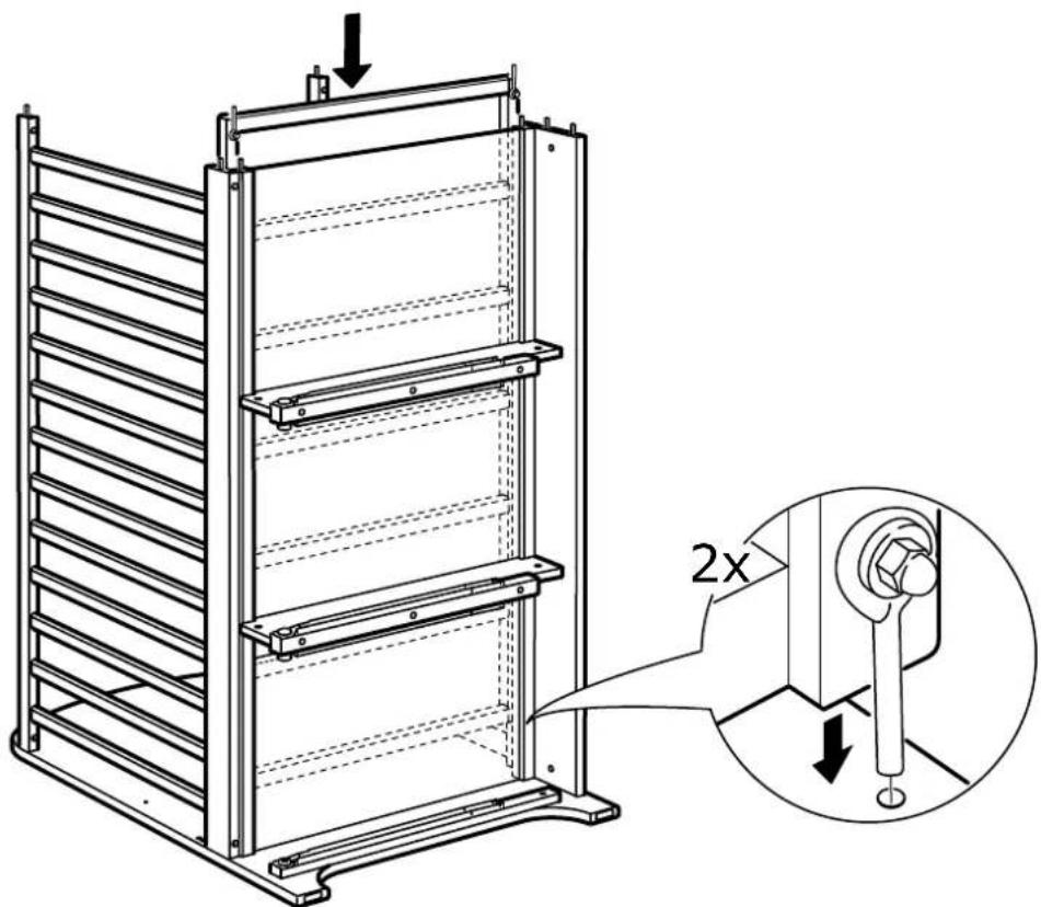 Technical diagram of a multi-level industrial storage unit with labeled components and a magnified inset showing a 2x ratio adjustment.