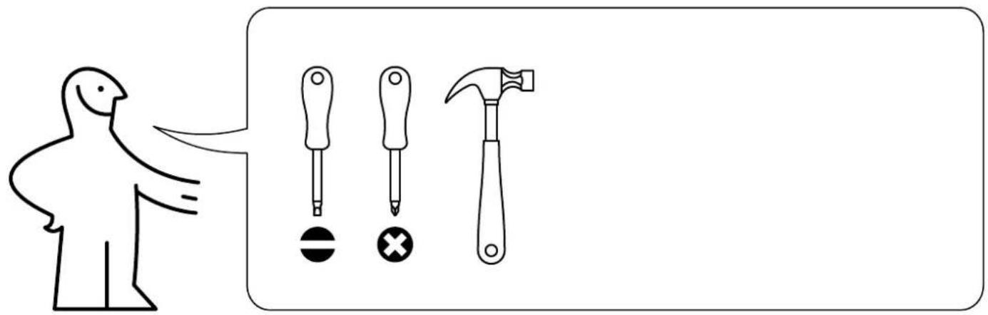 Illustration showing a person pointing to three different tools: screwdriver, hammer, and screwdriver with selection symbols.
