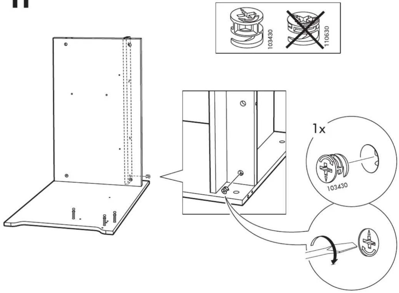 Technical diagram showing assembly steps of a mechanical component with labeled parts and a 1x ratio indicator.