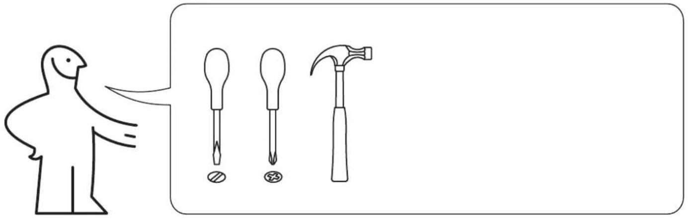 Illustration showing a person using a hammer to cut three screwdriver tips, with one tool partially visible below.