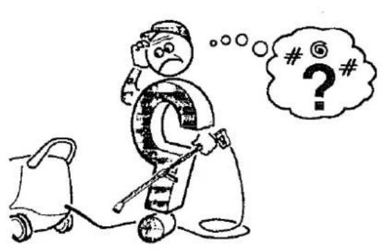 Cartoon drawing of a person with a thought bubble containing numbers and a question mark, next to a small robot.