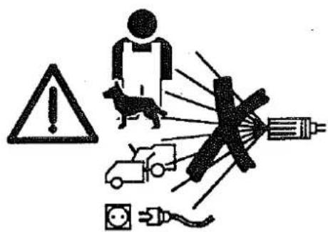 Safety warning symbol with hazard symbol, animal figure, vehicle, and electrical plug icons