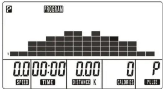 PROGRAM 0.0 00:00 0.00 0 CALORIES P SPEED TIME DISTANCE K CALORIES PULSE