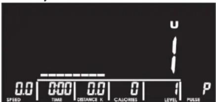 0.0 | 0:00 | 0.0 | 0 | 1 P SPEED TIME DISTANCE K CALORIES LEVEL PULSE
