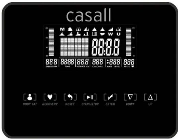 casall 88:0.8 88.8 88.88 88.8 88.8 88.8 88.8 SPEED RPM TIME DISTANCE FAT CALORIES WAIT LEVEL PULSE ♥ [ ] [♥] [ ] [▶II] [✓] [▽] [△] BODY FAT RECOVERY RESET START/STOP ENTER DOWN UP