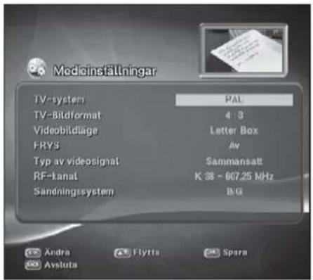 Medicinställningar TV-system PAL TV-Bildformat 4:3 Videobildläge Letter Box FRYS Av Typ av videosignal Sammansatt RF-kanat K 38 - 607,25 MHz Sandningssystem BIG Ändra Flytta Sparna Avstuta