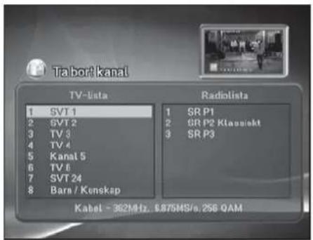 Ta bort kanal TV-lista 1 SVI 1 2 SVT 2 3 TV 3 4 TV 4 5 Kanat 5 6 TV 6 7 SVT 24 8 Bara / Kenskap Radiolista 1 SR P1 2 GR P2 Klassakt 3 SR P3 Kabel - 362MHz, £875MS/s, 256 QAM