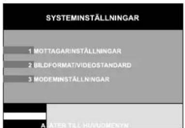 SYSTEMINSTÄLLNINGAR 1 MOTTAGARINSTÄLLNINGAR 2 BILDFORMAT/VIDEOSTANDARD 3 MODEMINSTALLINGAR A 5ATER TILL HAIJOMENYN