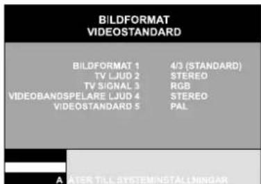 BILDFORMAT VIDEOSTANDARD BILDFORMAT 1 4/3 (STANDARD) TV LJUD 2 STEREO TV SIGNAL 3 RGB VIDEOBANDSPARE LJUD 4 STEREO VIDEOSTANDARD 5 PAL A WATER TILE SYSTEMINSTALLINGAR