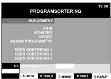 PROGRAMSORTERING HUVUDMENY FILM NYHETER SPORT ANNAN PROGRAMTYP EGEN SORTERING 1 EGEN SORTERING 2 EGEN SORTERING 3 OK SORTERAD LISTA A LISTA B TABLA C MINNE D SORT E HJALP