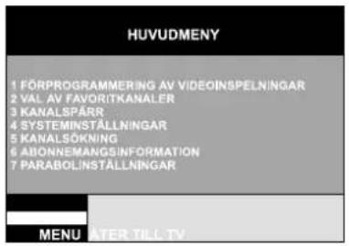 HUVUDMENY 1 FÖRPROGRAMMERING AV VIDEOINSPELNINGAR 2 VAL AV FAVORITKANALER 3 KANALSPÄRR 4 SYSTEMINSTÄLLNINGAR 5 KANALSÖKNING 6 ABONNEMANGSINFORMATION 7 PARABOLINSTÄLLNINGAR MENU ATER TILL TV