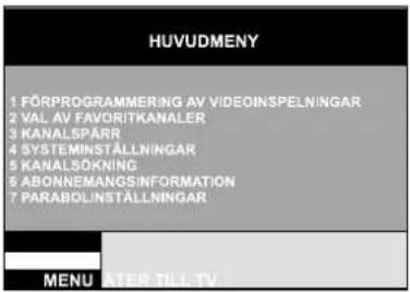 HUVUDMENY 1 FÖRPROGRAMMERING AV VIDEOINSPELNINGAR 2 VAL AV FAVORITKANALER 3 KANALSPARR 4 SYSTEMINSTÄLLNINGAR 5 KANALSÖKNING 6 ABONNEMANGSINFORMATION 7 PARABOLINSTÄLLNINGAR MENU LATER TILL.TV