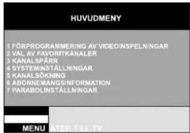 HUVUDMENY 1 FÖRPROGRAMMERING AV VIDEOINSPELNINGAR 2 VÄL AV FAVORITKANALER 3 KANALSPÄRR 4 SYSTEMINSTALLNINGAR 5 KANALSÖKNING 6 ABONNEMANGSINFORMATION 7 PARABOLINSTALLNINGAR MENU ATER TILL TV