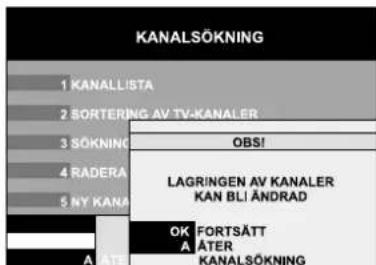 KANALSÖKNING 1 KANALLISTA 2 SORTERING AV TV-KANALER 3 SÖKNING OBS! 4 RADERA LAGRINGEN AV KANALER 5 NY KANA KAN BLI ÄNDRAD OK FORTSÄTT A ÅTER A KANALSÖKNING