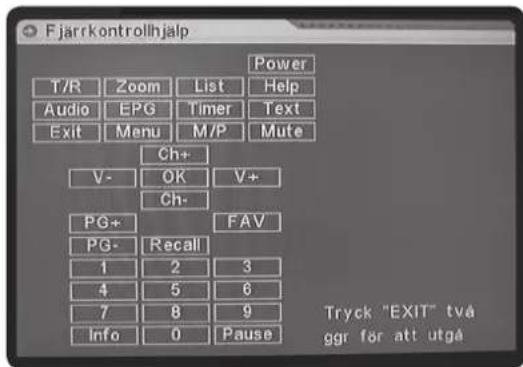 Fjärrkontrollhjalp Power T/R Zoom List Help Audio EPG Timer(Text Exit Menu M/P Mute Ch+ V- OK V+ Ch- PG+ PG- Recall 1 2 3 4 5 6 7 8 9 Info 0 Pause Tryck "EXIT" två ggr for att utgå