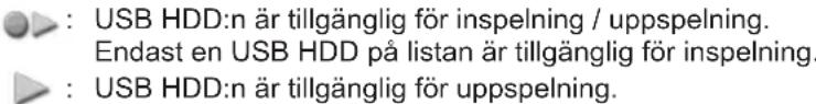 : USB HDD:n är tillgänglig för inspelning / uppspelning. Endast en USB HDD på listan är tillgänglig för inspelning. : USB HDD:n är tillgänglig för uppspelning.