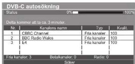 DVB-C autosökning Status 0% 100% Delta kommer att ta ca. 3 minuter. Nr. Kanalons namn Typ Kvalit. 1 CBBC Channel Fria kanaler 100 2 BBC Radio Wales Fria kanaler 100 3 E4 Fria kanaler 100 Fria kanaler: 3 Betalkanaler: 0 Radio: 0 Söker