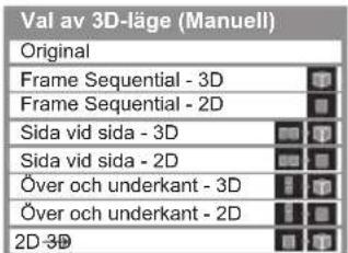 Val av 3D-läge (Manuell) Original Frame Sequential - 3D Frame Sequential - 2D Sida vid sida - 3D Sida vid sida - 2D Över och underkant - 3D Över och underkant - 2D 2D-3D