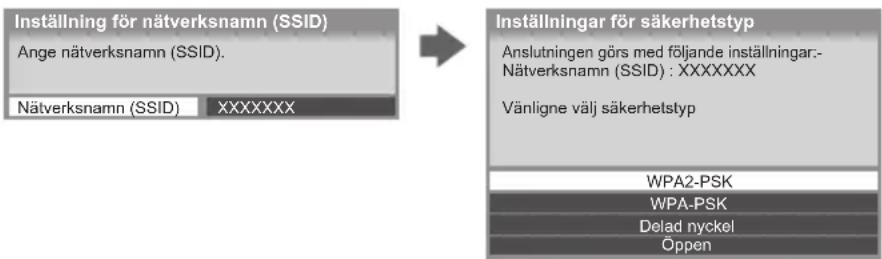 Inställning för nätverksnamn (SSID) Ange nätverksnamn (SSID). Nätverksnamn (SSID) XXXXXXX Inställningar för säkerhetstyp Anslutningen görs med följande inställningar:- Nätverksnamn (SSID) : XXXXXXX Vänligne välj säkerhetstyp WPA2-PSK WPA-PSK Delad nyckel Öppen