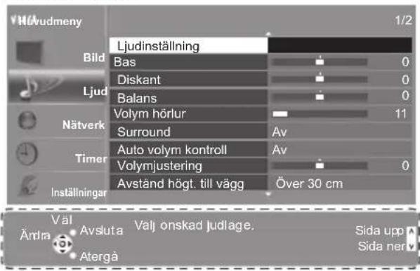 VHäudmeny 1/2 Ljudinställning Bild Bas 0 Diskant 0 Balans 0 Volym hörlur 11 Surround Av Nätverk Auto volym kontroll Av Timer Volymjustering 0 Avständ högt. till vägg Över 30 cm Inställningar Val Ändra Avsluta Valj onskad judlage. Sida upp Atergå Sida ner