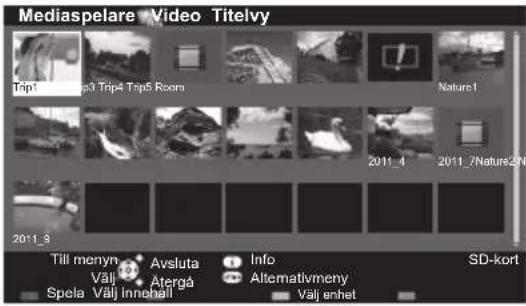 Mediaspelare Video Titelvy Trip1 Trip3 Trip4 Trip5 Room Nature1 2011 4 2011 /Nature2 N 2011_9 Till menyn Avsluta Info SD-kort Välä Atergå Alternativmeny Spela Välj Innehall Välj enhet