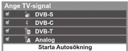 Ange TV-signal ✓ DVB-S ✓ DVB-C ✓ DVB-T ✓ Analog Starta Autosökning
