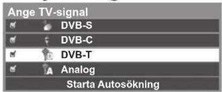 Ange TV-signal DVB-S DVB-C DVB-T Analog Starta Autosökning