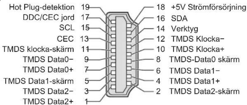 Hot Plug-detektion 19 DDC/CEC jord 17 SCL 15 CEC 13 TMDS klocka-skärm 11 TMDS Data0- 9 TMDS Data0+ 7 TMDS Data1-skärm 5 TMDS Data2- 3 TMDS Data2+ 1 18 +5V Strömförsörjning 16 SDA 14 Verktyg 12 TMDS Klocka- 10 TMDS Klocka+ 8 TMDS-Data0 skärm 6 TMDS Data1- 4 TMDS Data1+ 2 TMDS Data2-skärm