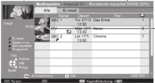 Mediaspelare Inspeiad TV Äterstående kapacitet 500GB (50%) Alla Ej visad Kanal Datum Titel BBC 1 Tor 27/10 Das Erste 1 12:00 FTV Mån 12/11 News 3 13:30 BBC 2 Lör 17/1 Cinema 1 P 13:50 Speler in mu Svstkyddad Grupperad Välj Avsoluta Välj Azerga Spels Alternativmetry Info USB HDD 1 Ta port Kapitellförteckning Välj