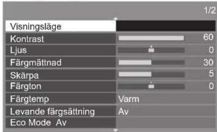 Visningsläge Kontrast 60 Ljus 0 Färgmättnad 30 Skärpa 5 Färgton 0 Färgtemp Varm Levande färgsättning Av Eco Mode Av