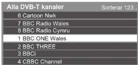 Alla DVB-T kanaler 6 Cartoon Nwk 7 BBC Radio Wales 8 BBC Radio Cymru 1 BBC ONE Wales 2 BBC THREE 3 BBCi 4 CBBC Channel Sorterar 123...