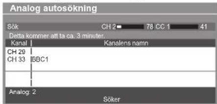 Analog autosökning Sök CH 2■ 78 CC 1 41 Detta kommer att ta ca. 3 minuten. Kanal Kanalens namn CH 29 CH 33 BBC1 Analog: 2 Söker