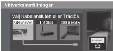 Nätverksinställningar Välj Kabelansluten eller Trådlös Kabelansluten Trådlös Ställ in senare