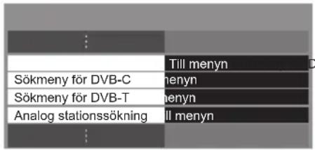 Till menyn Sökmeny för DVB-C menyn Sökmeny för DVB-T menyn Analog stationssökning All menyn