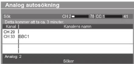 Analog autosökning Sök CH 2 78 CC 1 41 Detta kommer att ta ca. 3 minuter. Kanal Kanalens namn CH 29 CH 33 BBC1 Analog: 2 Söker