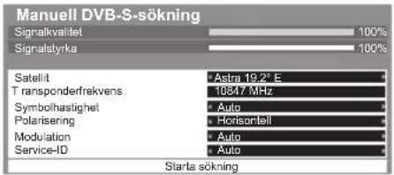 Manuell DVB-S-sökning Signalkvalitet 100% Signalslyrka 100% Satellit Astra 19,2° E T ransponderfrakvens 10847 MHz Symbolhastighet Auto Polarisering Horisartell Modulation Auto Service-ID Auto Starta sökning