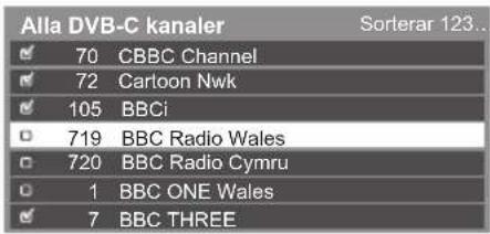 Alla DVB-C kanaler 70 CBBC Channel 72 Cartoon Nwk 105 BBCi 719 BBC Radio Wales 720 BBC Radio Cymru 1 BBC ONE Wales 7 BBC THREE Sorterar 123...
