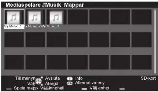 Mediaspelare - Musik Mappar My Music_1 My Music_2 My Music_3 Till menyn Avsluta Info SD-kort Välä Atergå Alternativmeny Spela mapp Välj innehall Välj enhet